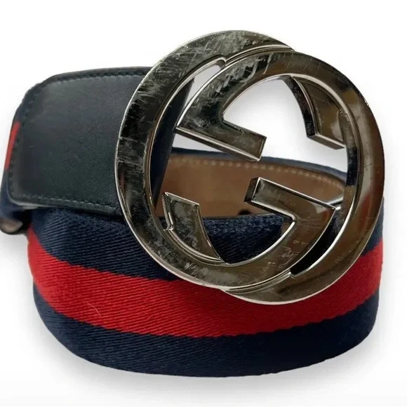 Gucci reversible GG SILVER BUCKLE RED & BLUE LEATHER./CANVAS BELT Like new - Picture 3 of 8